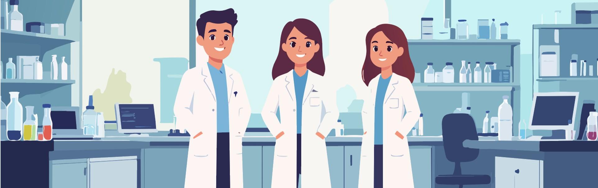 Three cartoon scientists standing in a lab smiling